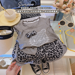 女童木耳边莫代尔飞袖印花背心豹纹短裤套装2025夏季新款两件套潮