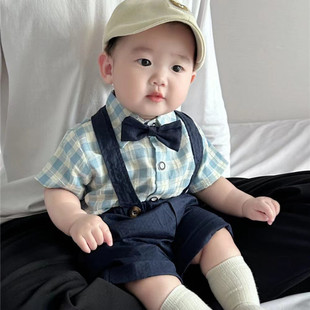 夏季儿童套装宝宝衬衫周岁短袖礼服背带裤小童男童绅士夏装两件套