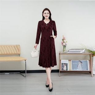 中老年春秋女装长袖时尚洋气连衣裙妈妈装高贵气质中长款秋天裙子