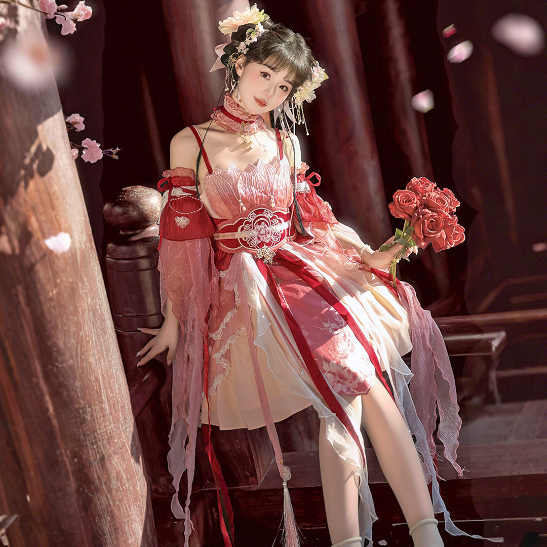 朝露华新中式汉元素连衣裙国风夏季小个子原创汉服羽袖绝美吊带裙