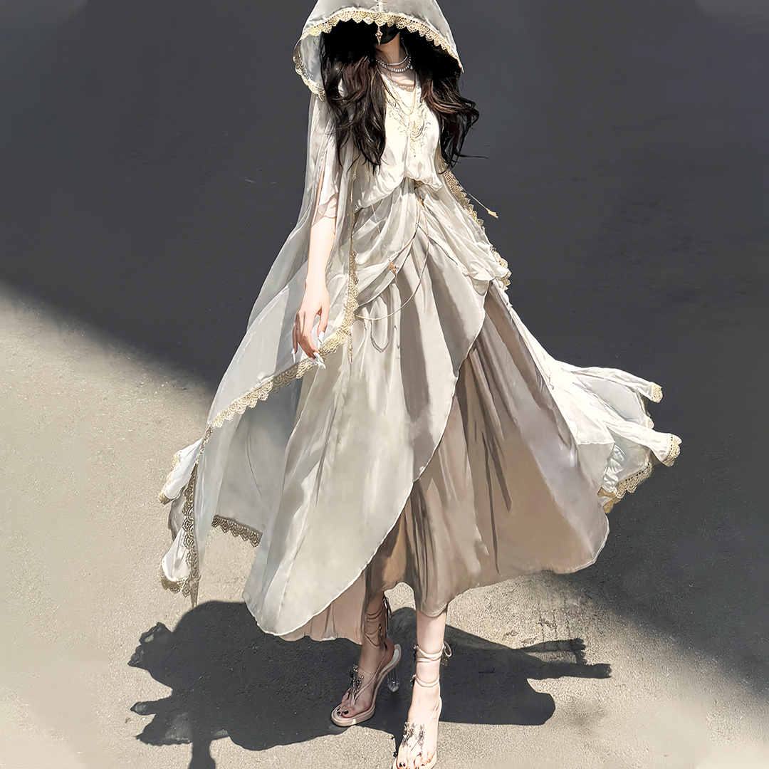 希腊风斗篷新中式女士白色连衣裙