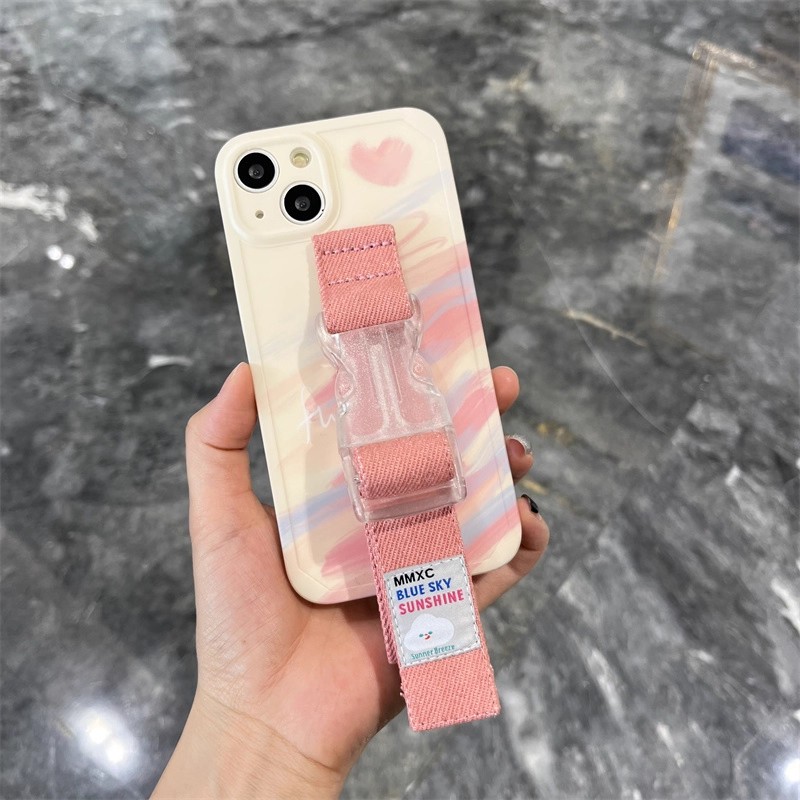 ins夏日清新线条涂鸦适用于苹果16 15 14pro max手机壳13粉色牛仔腕带12 11小众创意支架防摔防滑