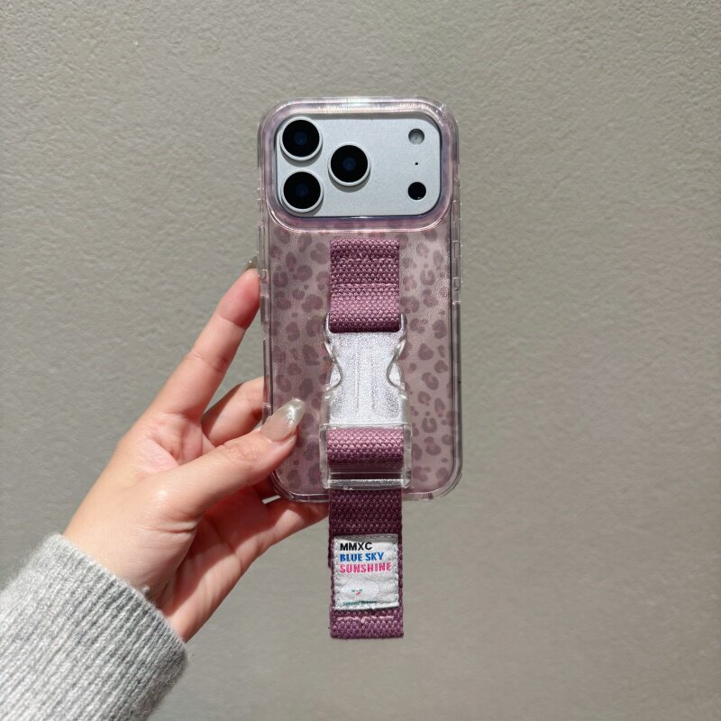 春日高级感粉色豹纹腕带适用苹果17 Pro Max手机壳16 15原创创意支架13 14小众晕染少女缝线腕带