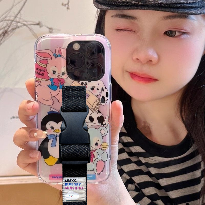 少女粉色小动物适用苹果17 16 15腕带手机壳iPhone14 13 12华为mate60pro 70支架支架小米15定制型号