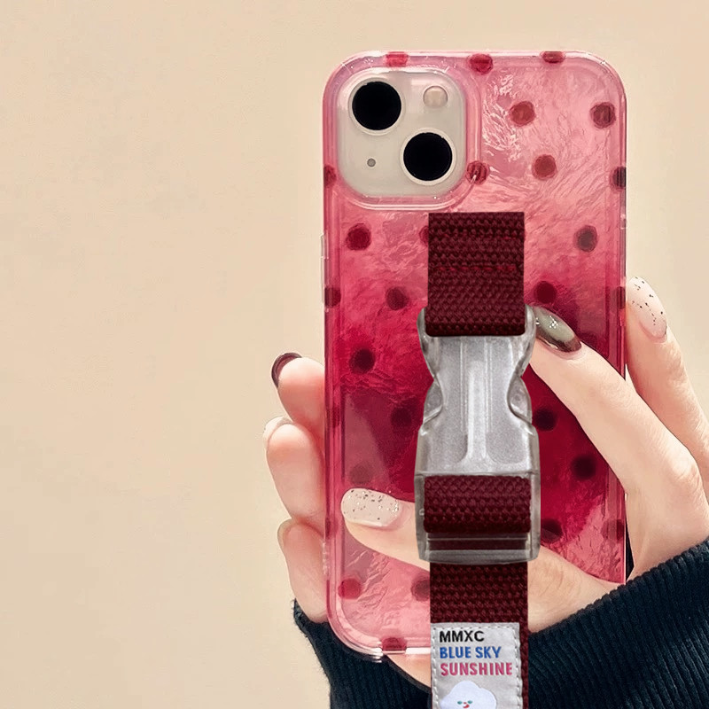 秋冬高级感酒红波点腕带适用苹果17 Pro Max手机壳16 15原创创意支架13 14小众晕染少女缝线腕带