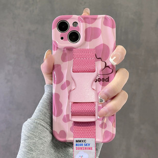 粉色豹纹11支架小众缝线创意便携 pro max手机壳腕带iphone13 ins韩风奶牛纹适用苹果15