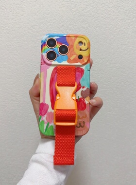 ins夏日橙色涂鸦笑脸适用苹果17 pro max手机壳腕带iPhone16 15 13彩色线条14支架防摔小众设计创意缝线