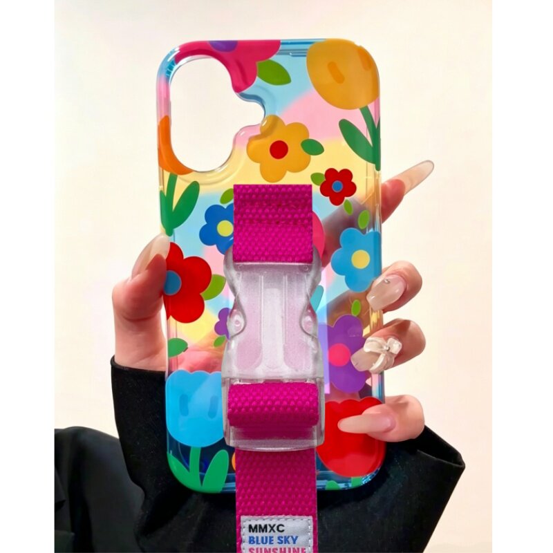 ins小众韩风花朵腕带腕带适用苹果18 Pro Max iPhone17 16 15 14 手机壳支架小众缝线少女韩风绿色橙色多巴胺图片