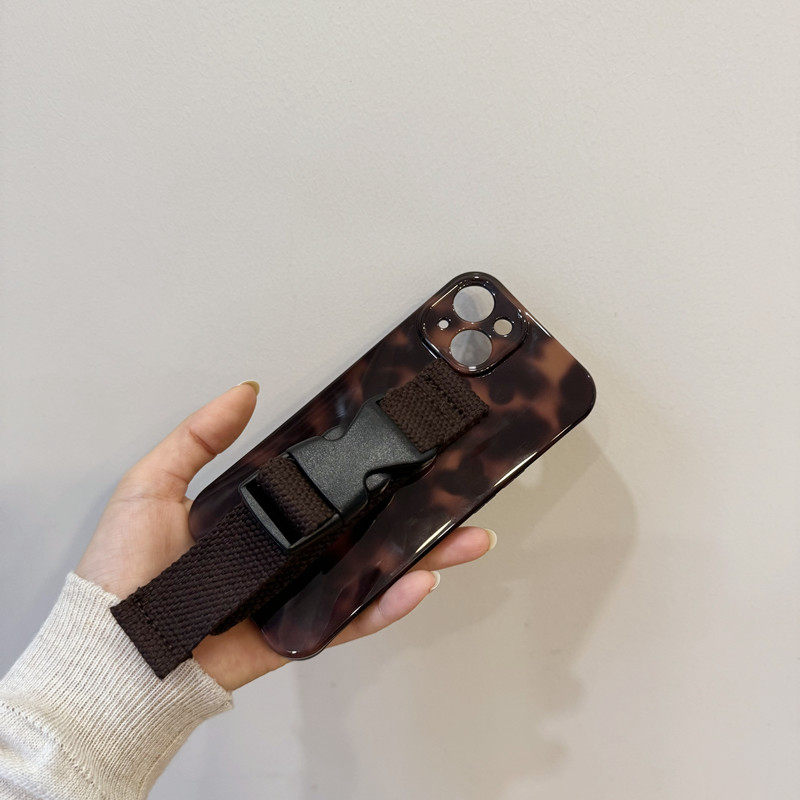 ins秋冬咖色豹纹适用苹果17 16 15 pro max手机壳腕带iphone14 13高级感棕色12 11小众设计便携支架