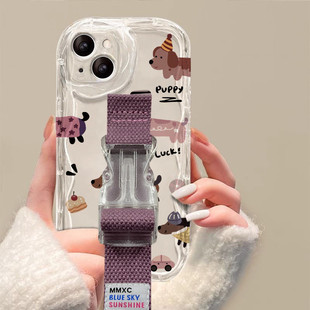 ins少女卡通腊肠狗适用苹果17 16 15腕带手机壳iPhone14 13 12华为mate60 pro 70支架支架三星小米15定制型号