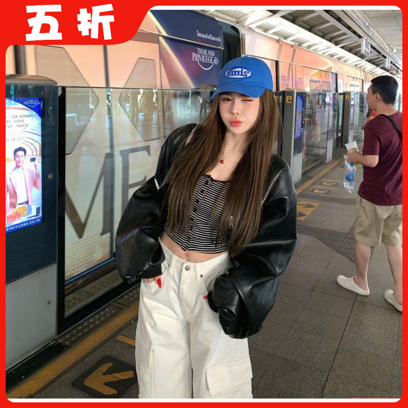 【五折】2026春季新款韩版宽松休闲百搭设计感短款拉链皮衣外套女