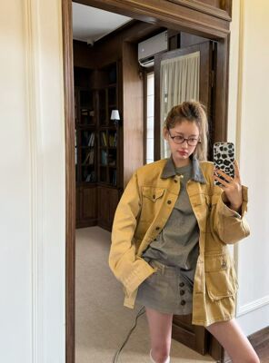 Miss家 2026春季韩版宽松休闲百搭工装拼色领牛仔外套女短款夹克