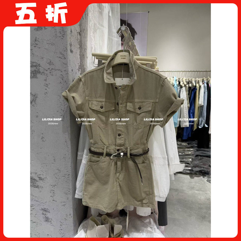 【五折】2026夏韩版时尚百搭翻领薄款短袖牛仔高腰连衣裙女配腰带