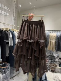 Miss家2026新款韩版时尚百搭显瘦不规则咖色网纱蛋糕半身裙中长款