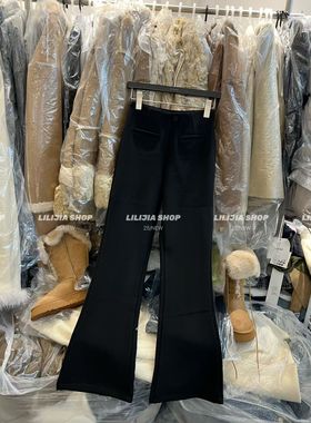 Miss家 黑色松紧高腰微喇叭裤女冬加绒加厚垂感显瘦拖地长裤子
