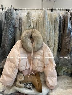 Miss家 2025冬季新款真毛毛领保暖短款羽绒服女款冬季粉色外套