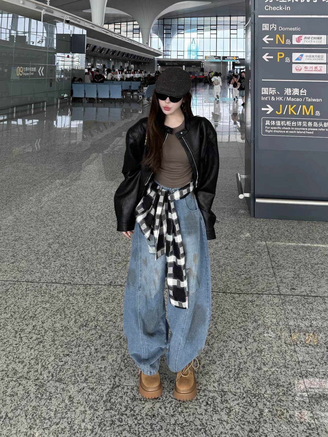 Miss家 2025早秋新款拖地裤女韩版设计感格子屁帘高腰显瘦牛仔裤