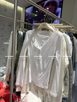 Miss家 2026新款韩版时尚百搭显瘦圆领宽松休闲风开扣长袖T恤女