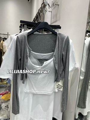 Miss家 2025春夏新款韩版时尚长袖T恤女上衣胸垫背心吊带三件套