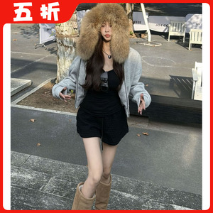 【五折】灰色真毛领连帽卫衣女秋冬新宽松拉链开衫外套小个子上衣