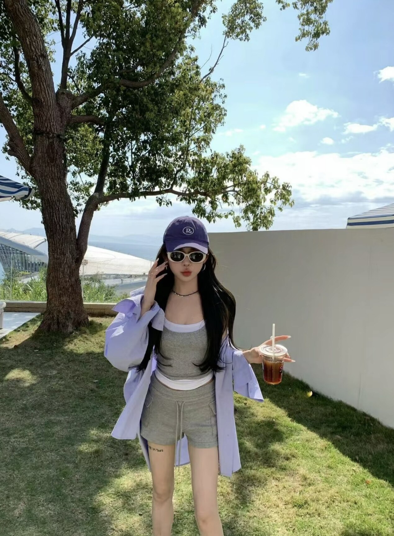 Miss家 2026新款韩版时尚百搭防晒长袖衬衫+吊带背心+短裤三件套