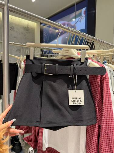 Miss家 设计感时尚辣妹高腰显瘦开叉显瘦半身裙短裙a字裙配皮带女