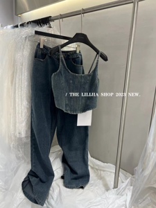 Miss家 2023秋季新款牛仔吊带背心短上衣复古高腰阔腿长裤套装女