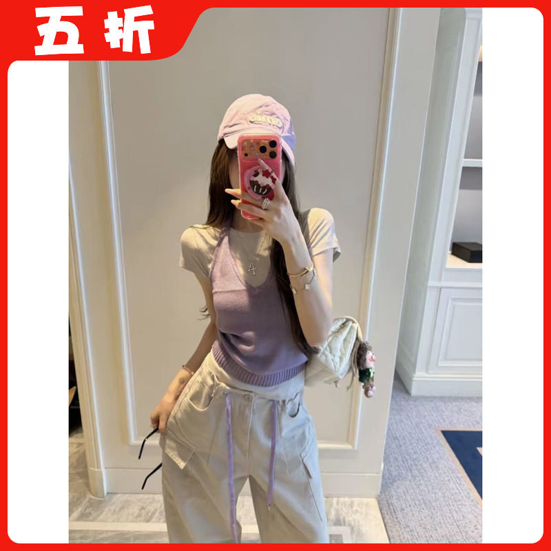 【五折】韩版时尚百搭显瘦纯色短袖T恤+挂脖针织背心两件套女