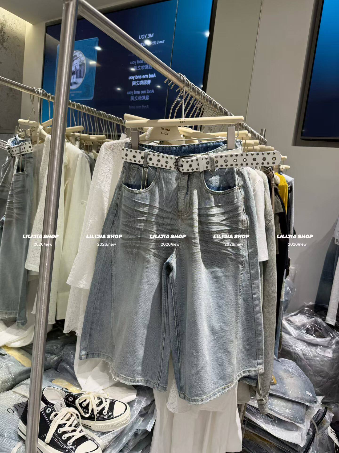 Miss家 2026新款韩版时尚百搭显瘦气质高腰直筒阔腿五分牛仔裤女