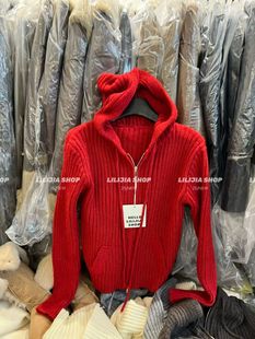 Miss家 红色拉链毛衣外套女冬新款针织开衫连帽毛衣内搭打底上衣