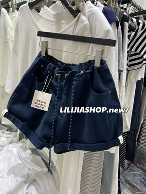 Miss家 2025夏季新款时尚百搭高腰牛仔直筒抽绳阔腿裤女休闲短裤