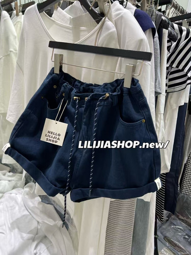 Miss家 2025夏季新款时尚百搭高腰牛仔直筒抽绳阔腿裤女休闲短裤