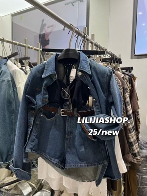 Miss家 韩版百搭显瘦连体牛仔短裤女2025秋时尚翻领牛仔衬衫套装