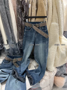 百搭显瘦直筒裤 Miss家 女2025冬季 牛仔裤 牛仔蓝复合绒高腰阔腿裤