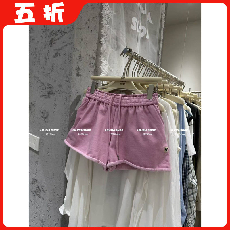 【五折】2026夏季韩版时尚百搭宽松显瘦松紧腰系带贴标运动短裤女
