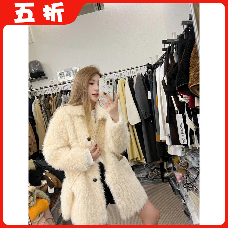 【五折】25秋冬新款韩版时尚百搭宽松显瘦翻领长袖单排扣毛毛外套