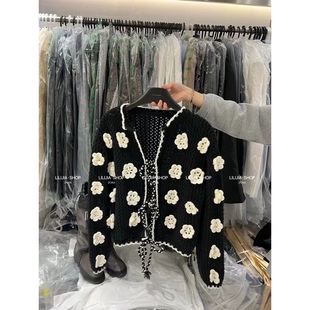 Miss家 针织衫外套女重工镂空钩花毛衣开衫立体花朵系带显瘦上衣