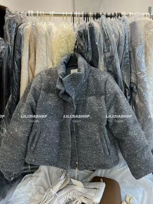 Miss家2025秋冬新款韩版时尚百搭宽松显瘦灰色亮片立领短款羽绒服