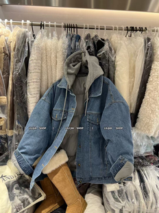 Miss家 休闲简约连帽撞色复古风夹羽绒服牛仔衣外套 2025秋冬新款