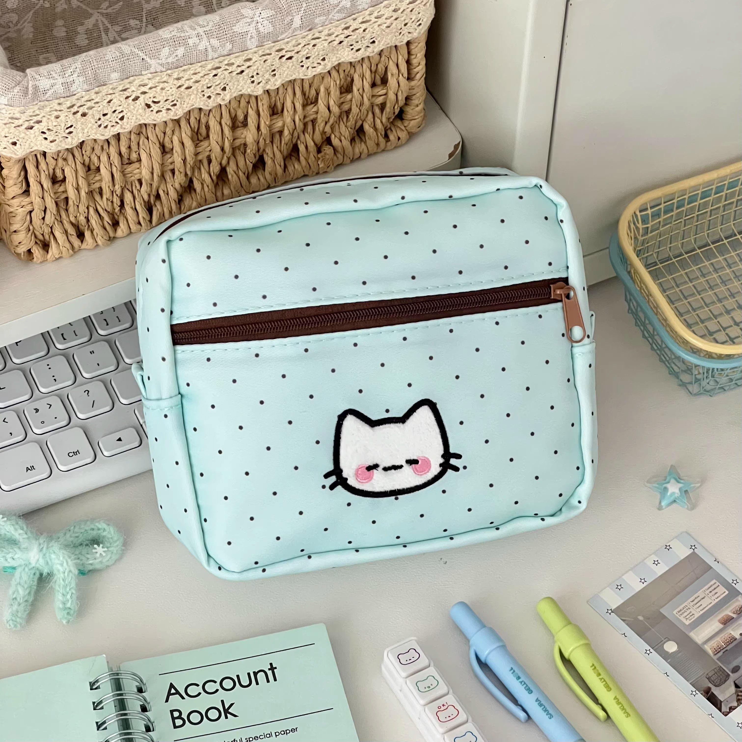 ins风薄巧波点小猫零钱包高颜值卡包证件收纳包便携卫生巾化妆包,文具电教/文化用品/商务用品,笔袋,淘宝优惠券,粉丝福利购,淘宝优惠卷