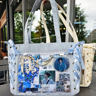 展轩单肩包手提袋学生通勤书包丝带痛包徽章卡片日系百搭新高颜值