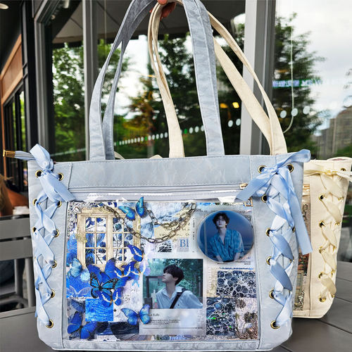 展轩单肩包手提袋学生通勤书包丝带痛包徽章卡片日系百搭新高颜值