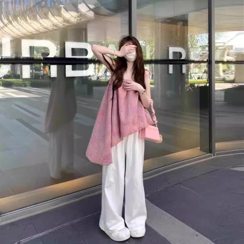 2025夏季新款韩版时尚百搭显瘦吊带背心女设计感小众粉色上衣外穿
