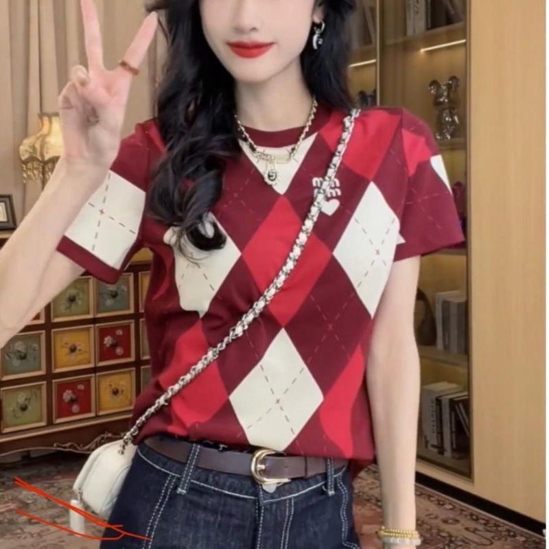 设计感时髦独特菱形格短袖T恤女小众夏季超火ins潮流百搭气质上衣