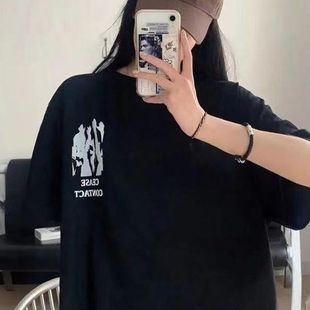 百搭上衣服 夏季 新款 潮ins字母印花圆领短袖 t恤女学生宽松休闲韩版