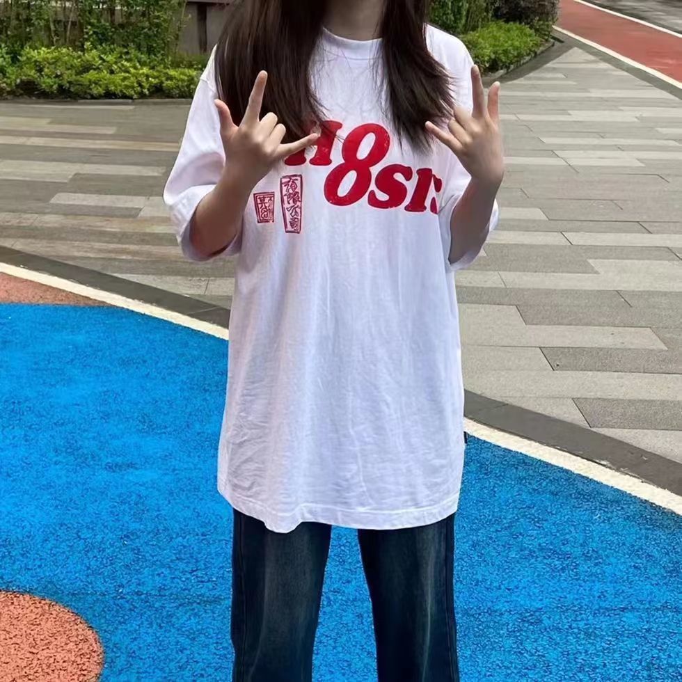 2024新款白色短袖t恤女学生韩版宽松潮原宿风ins夏季印花上衣半袖