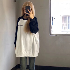 美式复古小个子插肩袖圆领无帽卫衣女宽松设计感小众慵懒风外套潮