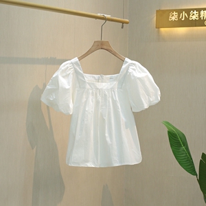 2023春夏新款韩版纯棉方领洋气泡泡袖短袖宽松显瘦套头女衬衫上衣