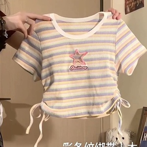 2023条纹短款短袖T恤女夏季新款修身INS绑带纯欲风辣妹百搭上衣潮