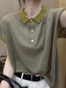 POLO领撞色t恤上衣短袖大码女装夏季新款休闲宽松时髦薄款小衫女